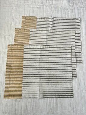 Crate & Barrel Oliver White Gray Mustard Stripe Placemats Set of 3 Cotton 14x19